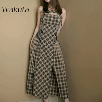 WAKUTA Japanese Retro Hollowed Out Sleeveless Plaid Dress Fashion Autumn Winter Waisted Hip Y2k Dress with Shawl Female Clothing