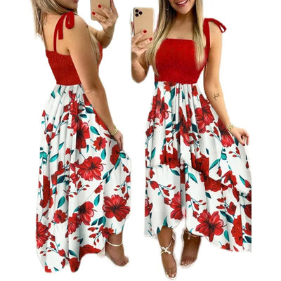 Summer Women's 2022 new irregular strapless halter sleeveless long dress Sling Patchwork Print Irregular Tube Top Dress