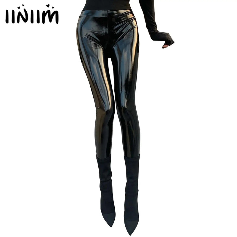 Womens Fashion Patent Leather Latex Pants Wet Look High Waist Stretchy Leggings Skinny Trousers Party Clubwear for Pole Dancing