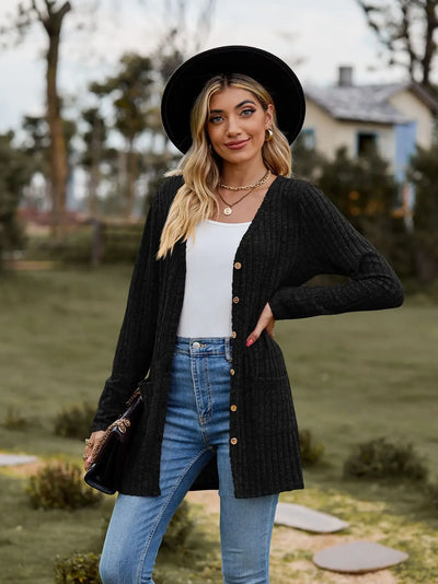 Autumn New Women's Milled Pit Stripe V-Neck Solid Colour Button Long Sleeve Ladies Casual Extensions Cardigan Jacket Coat