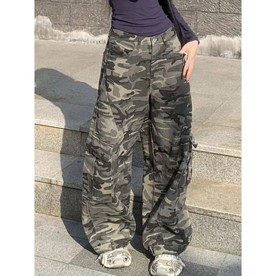 Autumn Winter New Low Rise Jeans Y2k Ladies American High Street Baggy Pants Woman Camouflage Drawstring Mop Jeans for Women