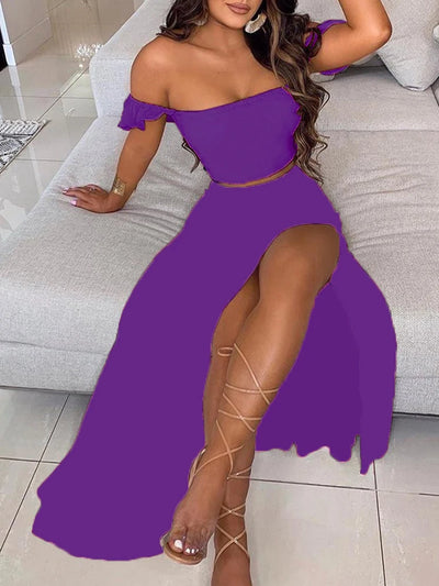2-Piece Boho Chic Ensemble Off-Shoulder Smocked Tube Top&Floral High-Waist Split Maxi Skirt Summer Women Casual Wear Dress Sets