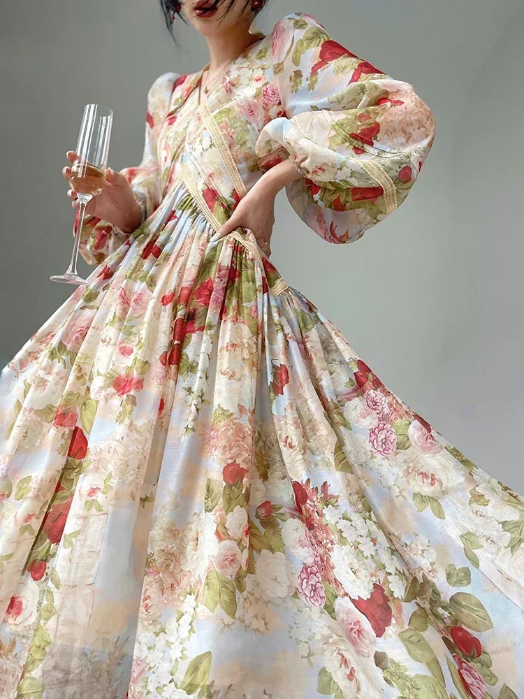 2024 New French Elegant Floral Midi Dress Woman Beach Style Holiday Long Sleeve Dress A-line Fashion Even Party Dress Vestidos