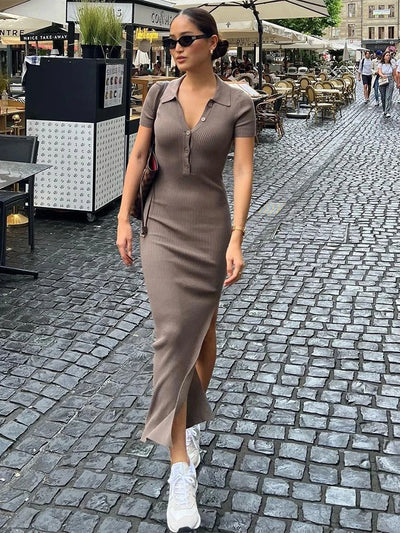 Kliou Elegant Office Lady Maxi Dress Women Solid Fashion Turn-down Collar Short Sleeve Button Side Slit Body-Shaping Street Robe