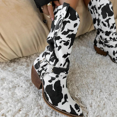 White Western Cowboy Boot Low Heels Women's Mid-Calf Cowgirl Boots Casual Shoes