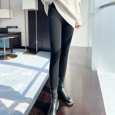 Slim Leggings Autumn Women High Waist Casual Trousers Knitted Ribbed Thicken Solid Elasticity Thermal  Ankle-Length Leggins