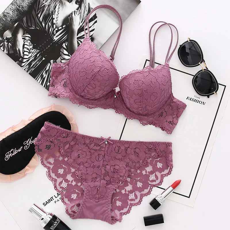 Women Lace Bras Set Low Waist Panties Underwire Top Big Size Bra Sexy Lingerie Set Female Comfortable Girls Underwear Sets Top