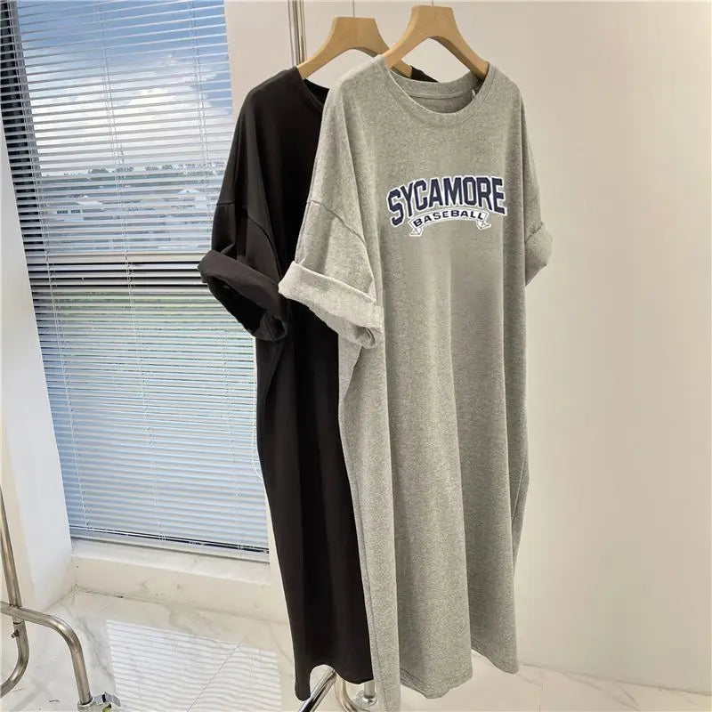 Summer Letter Printed Casual Loose Dress Wommen Clothing O-neck Chic Simple All-match Midi Dresses Pullover Cotton Tunic