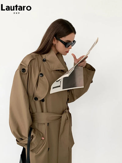 Lautaro Spring Autumn Oversized Khaki Long Grey Trench Coat for Women Double Breasted Loose Casual Korean Fashion Overcoat 2024