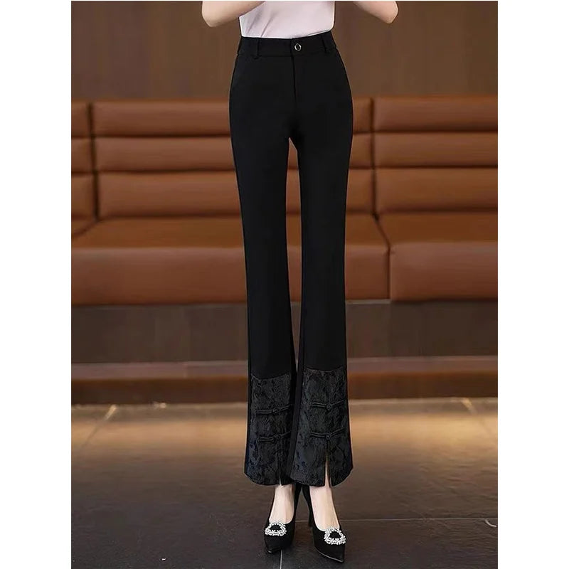 2024 Spring Autumn New Chinese Style Flare Ladies High Waist All-match Fashion Slim Casual Straight Women Patchwork Trousers