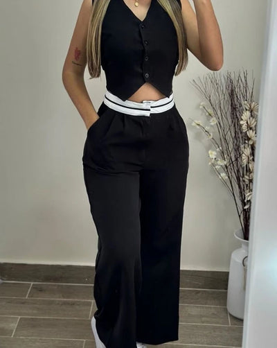 Women's Two Piece Elegant Commuting V-Neck Buttoned Vest Top and Contrast Paneled High Waist Pocket Design Wide Leg Pants Set