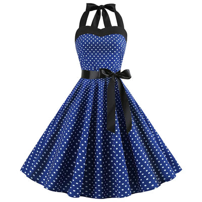 Women Polka Dot Print Summer Dress Sexy Retro White Halter Vintage Dress Robe Femme Pin Up Rockabilly Party Dress