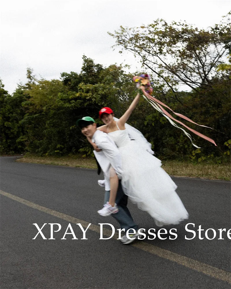 XPAY Princess A Line Tiered Wedding Dresses Korea Photo shoot Spaghetti Straps Layered Bridal Gowns Corset Back Customized