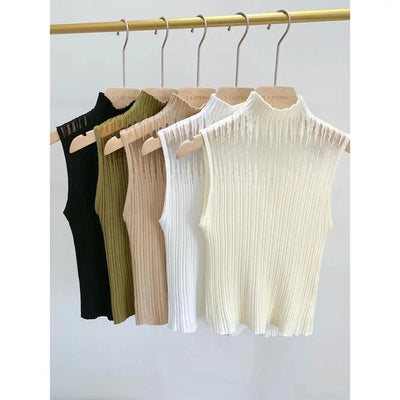 Hollow Out Gauze Tank Top Turtleneck Elegant Sleeveless Design Slim Camis Knitting Solid Chic Corset Women's Tube Top