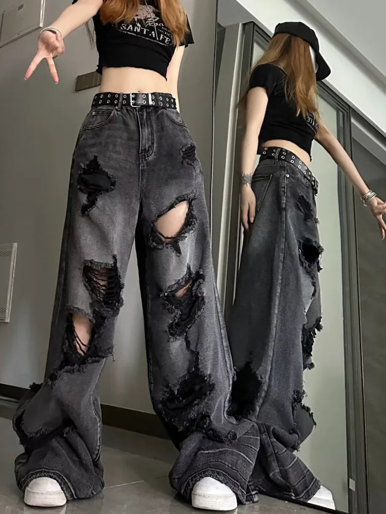 Niche Design Jeans, High Street Heavy Industry Wide Leg Pants, High-end Floor Length Pants, Trendy Brand Women&