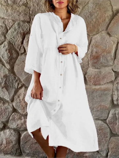 Spring Summer Women Cotton Linen Dress 2024 Fashion Loose Button Long Sleeve Shirt Dresses Solid Beach Party Pockets Dress Robe