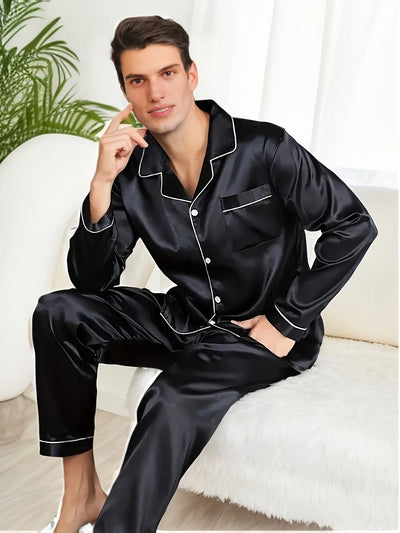 New Men Pajama Sets Sleepwear For Man Shirt Silk Long Sleeve Pyjama Male Sleeping Satin Home Night Wear Plus Size Loungewear