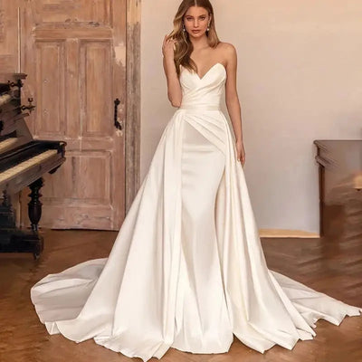 Customized 2 In 1 Detachable Train Wedding Dress 2023 Satin Sleeveless Simple Mermaid Princess Bride Gowns Vestido De Noiva