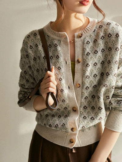 Vintage little fragrant flower jacquard 100% cashmere knit cardigan Women's autumn/winter loose age-reducing sweater wool coat