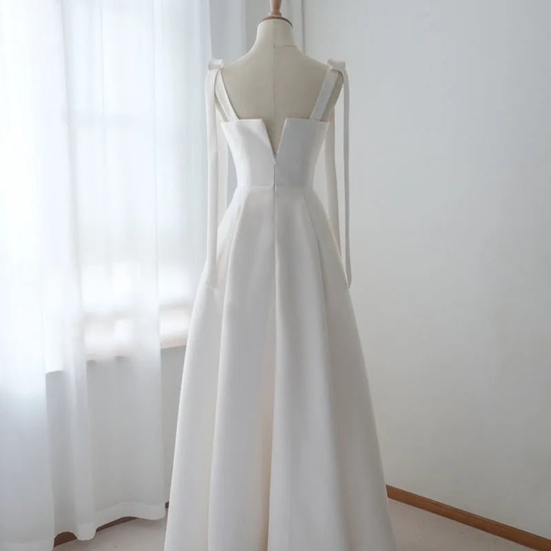 GIYSILE Satin Light Wedding Dress with Slim Bow Decoration, Simple Temperament, Bride Wedding Dress, Birthday Party Long Dress