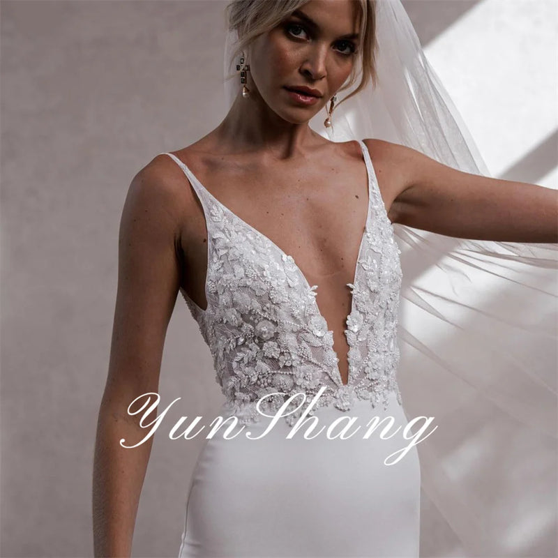 Yunshang Mermaid Wedding Dresses Lace V-Neck Spaghetti Straps Open Back Elegant Bridal Gown Train Vestidos De Novia Customized