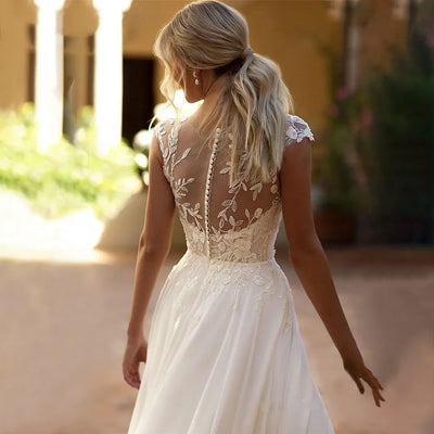 Vinca Sunny Customized Lace Chiffon Wedding Dresses O-Neck Side Split Applique A-Line Bridal Party Gown Vestidos De Novia