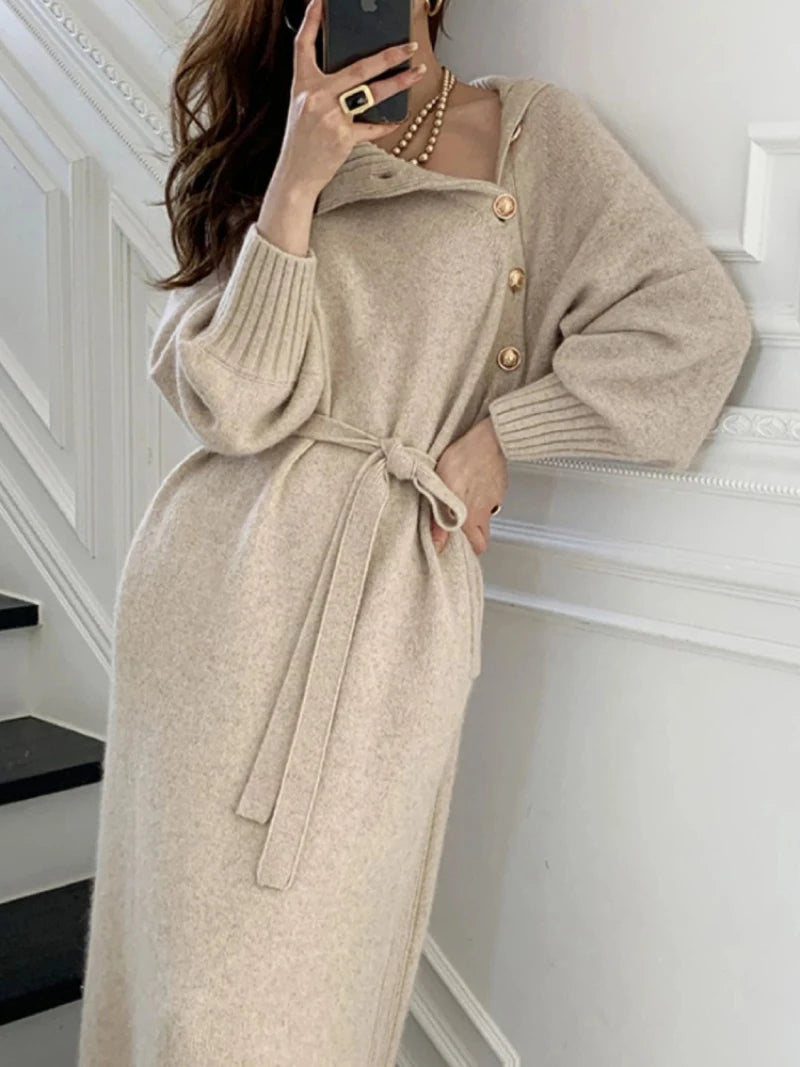 Vintage Turtleneck Buttons Long Sleeve Long Dresses Winter Fashion Casual Loose Knitwear Warm Women Knitted Dress Black Apricot