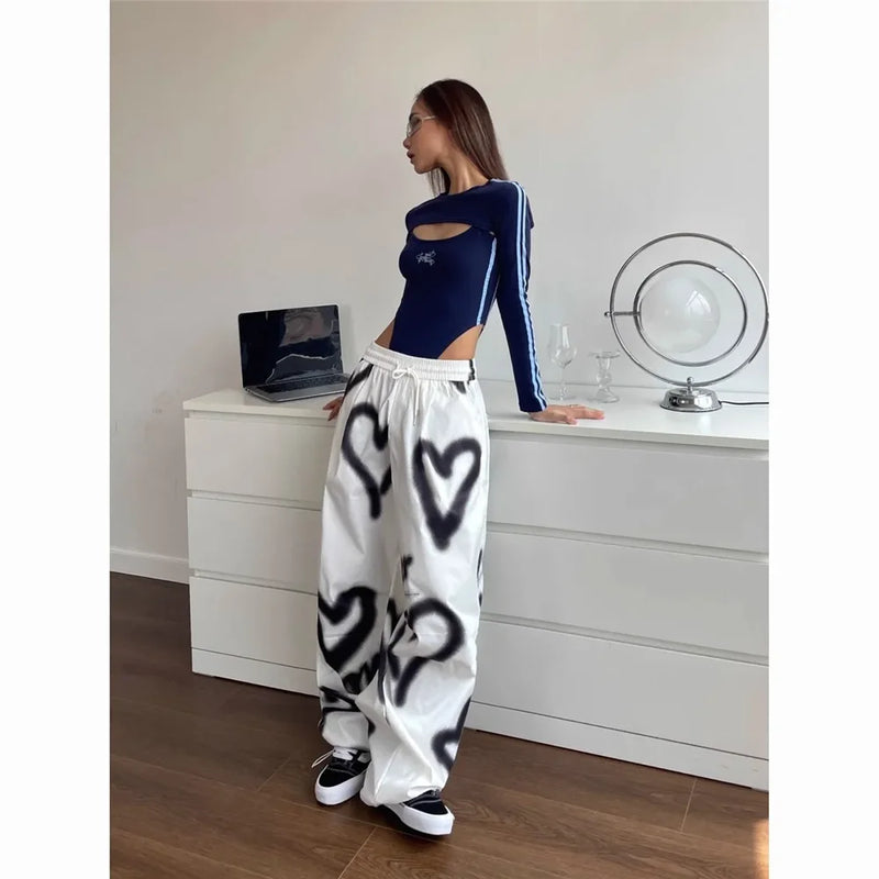 Love Graffiti Wide Leg Pants Women Y2K Elastic High Waist Streetwear Loose Drawstring Jogging Trousers Korean Casual Sweatpants