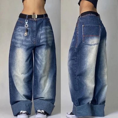 Y2K Harajuku New Punk Feng Shui Washing Old Baggy Jeans Female Streetwear Dance Popular Casual Joker High Waist Wide Leg Pants