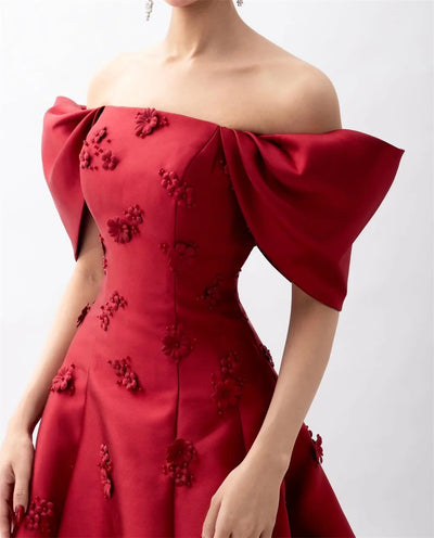 Bella Customized Satin robes de soirée A-Line Strapless 3D Floral Evening Dresses Red Floor-Length Wedding Party Wedding Dress