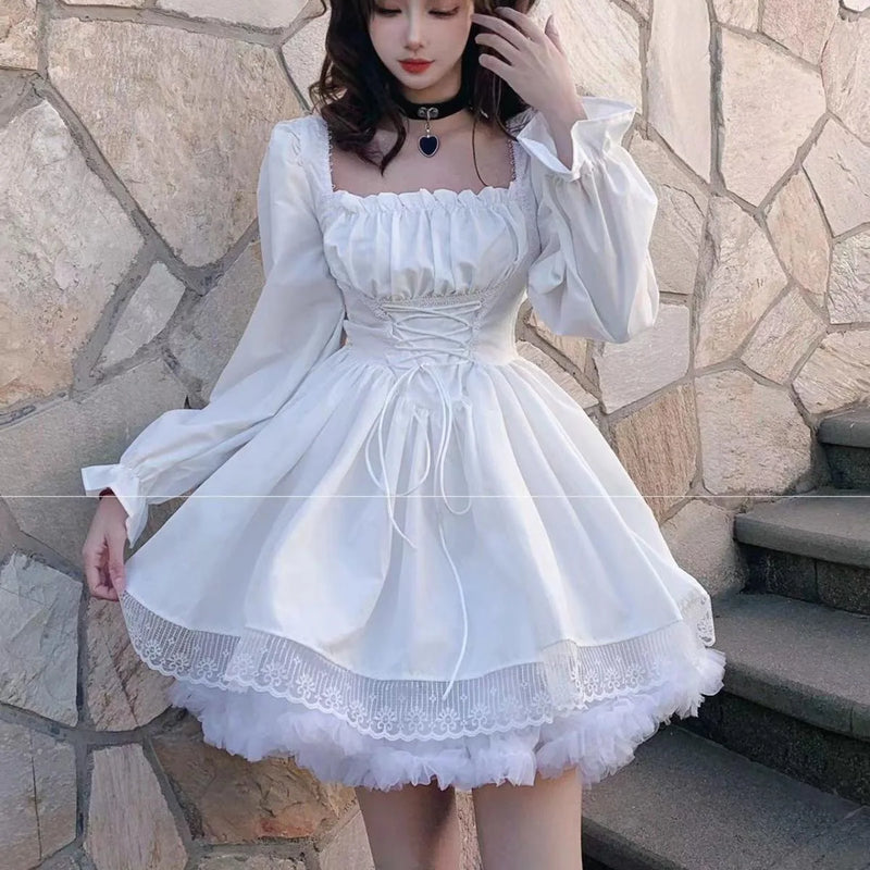 2024 Spring New Sweet and Fashionable Womens Princess Cute Lolita Hepburn Style Little Black Dress Square Neck Tie Slimming AQW7