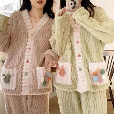 Thickened Warm Flannel Women Sleepwear Loungewear Cardigan Suit Winter Sweet Kawaii Soft Fairy Wind Ladies Pajamas Homewear