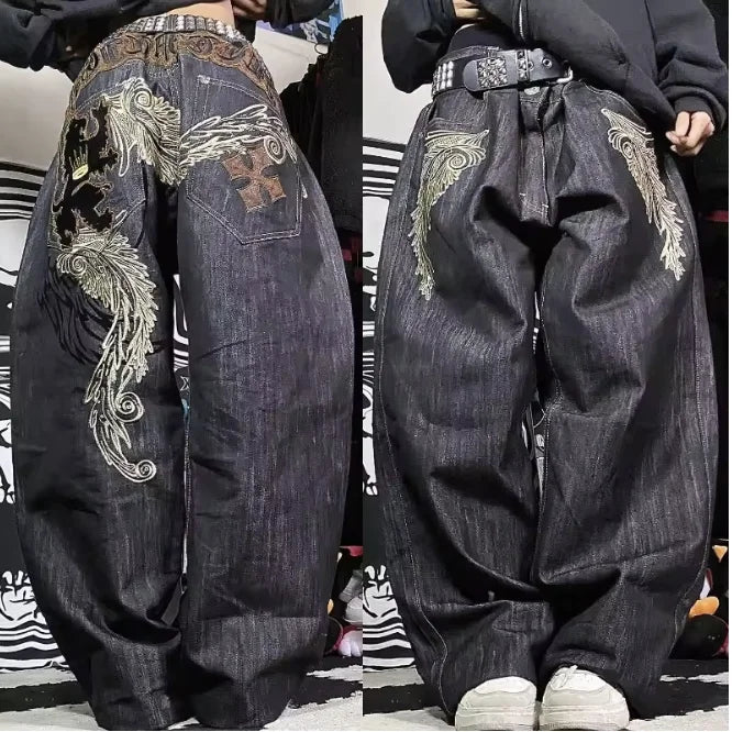 Y2K Street New Youth Fashion Embroidery Washed Casual Jeans Female 2024 Gothic Harajuku Retro Couple High Waist Wide Leg Pants