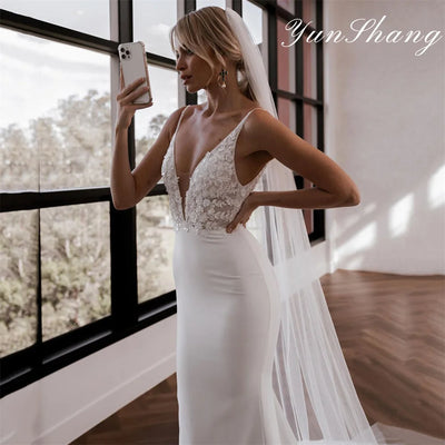 Yunshang Mermaid Wedding Dresses Lace V-Neck Spaghetti Straps Open Back Elegant Bridal Gown Train Vestidos De Novia Customized