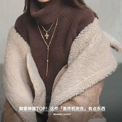 MADEN Women Imitation Lamb Fur Leather Jacket 2024 Autumn Winter Long Sleeve Turn-down Collar Warm Thick Coat Bomber Jacket