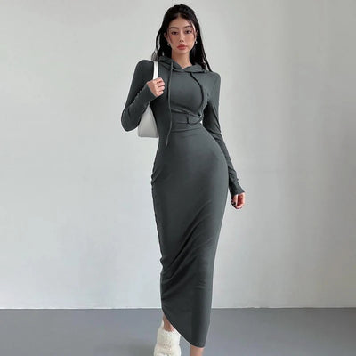 Hooded Midi Dress Women Solid Ins Casual Wrapped Streetwear Vintage Dresses