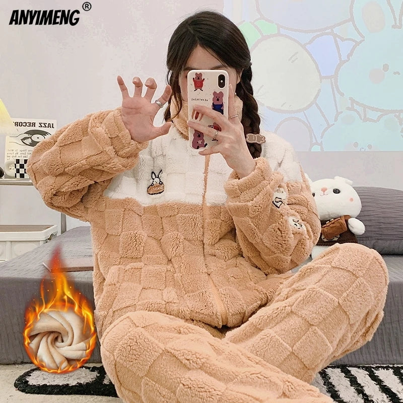 Winter Flannel Women Pajamas Zipper Lapel High-neck Sleepwear Sleepwear Thick Fluffy Loungewear Cardigan Pijamas sporty Homewear