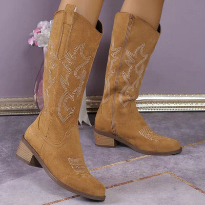 Women Chelsea Cowboy Knee High Boots for Women Mid Heels Walking Shoes Winter Fashion Zipper Chunky Boots Pumps Punk High Botas