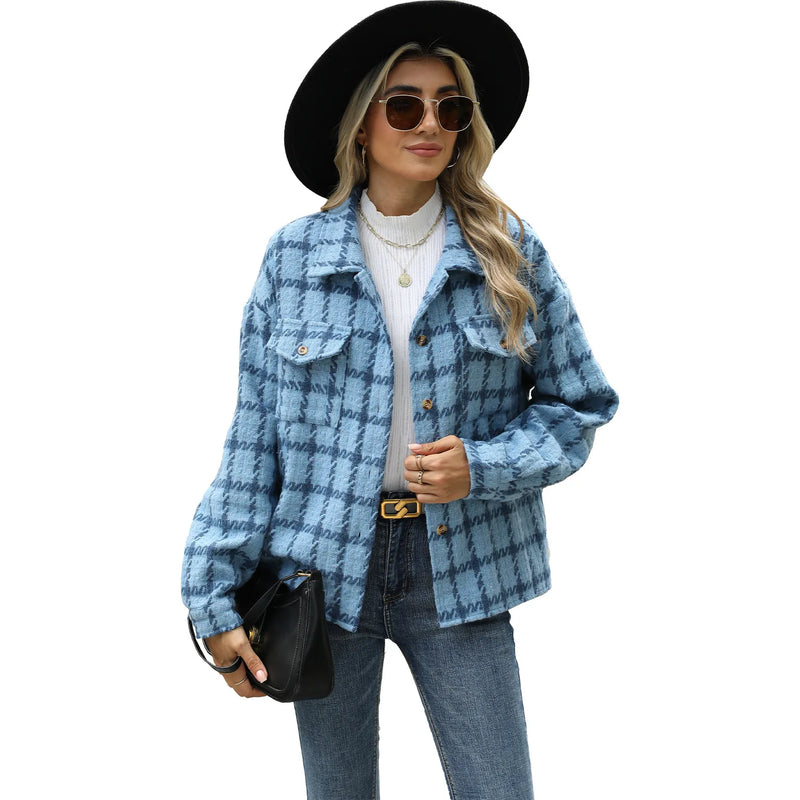 Women New Style Lapel Plaid Long Sleeve Loose Cardigan Woolen Coat for Women