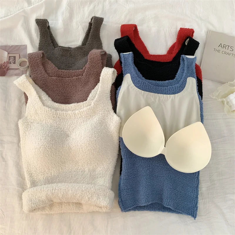 ITOOLIN Winter Sexy Women Cashmere Warm Camis With Bra Pad Knitting Thick Tank Tops Sweet Tops For Women Plush Camisole