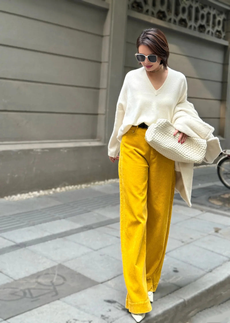 2024 Fall Winter Women Korean Streetwear Style Golden Baggy Yellow Corduroy Pants Office Wear to Work Trousers Fashion Clothes