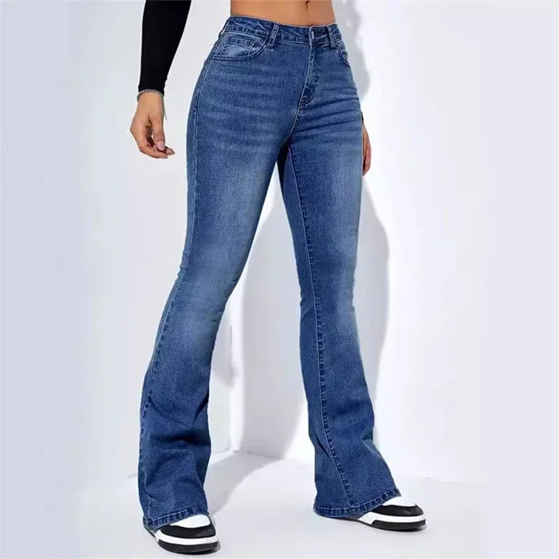 Fashion Women Commuter Slim Fit Jeans Mid Waist Micro Flared Denim Trousers Washable Floor-length Pants Female Casual Streetwear