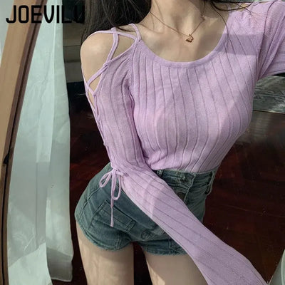 Bandage Long Sleeve Knitted Shirt Women's Off Shoulder Sexy Tops Slim Chic T-shirt Spring and Autumn Pullover Solid Y2k Sweater