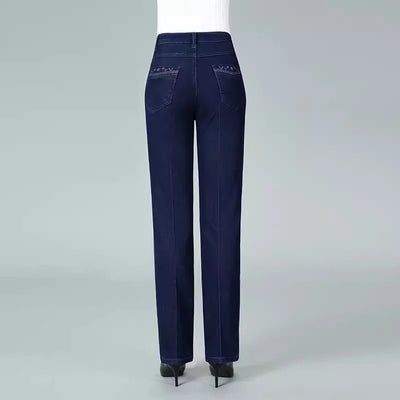 High waisted Elastic Embroidery Jeans 38 For women's Spring Autumn Slim Casual Straight leg pants Female Cotton Denim Trousers