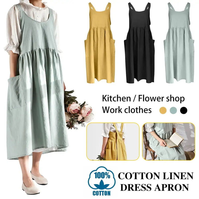 Apron Gardening Works Cross Back Cotton/Linen Blend Aprons Pinafore Dress with Two Pockets Cooking,Baking,Flower Arrangement