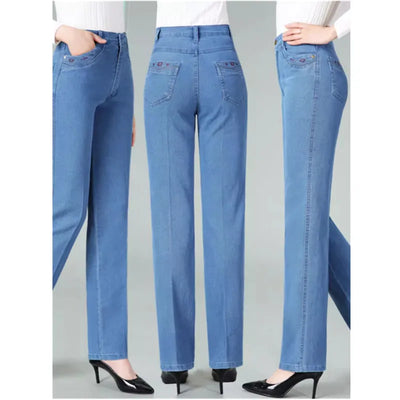 High waisted Elastic Embroidery Jeans 38 For women's Spring Autumn Slim Casual Straight leg pants Female Cotton Denim Trousers