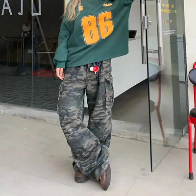 Women Y2K Camouflage Cargo Jeans Vintage High Waist Hip Hop Wide Leg Pants Female Street Wear Baggy Straight Denim Trouser