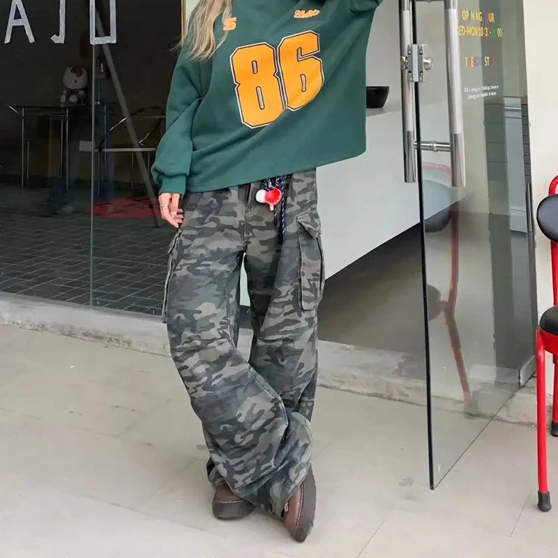 Women Y2K Camouflage Cargo Jeans Vintage High Waist Hip Hop Wide Leg Pants Female Street Wear Baggy Straight Denim Trouser