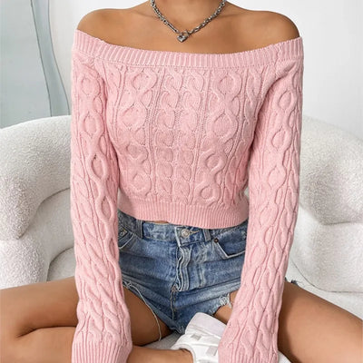 Autumn Women's Knitted Sweater Solid Color Sexy Short Style Autumn/Winter New One Piece Neck Off Shoulder Knitted Sweater 2024