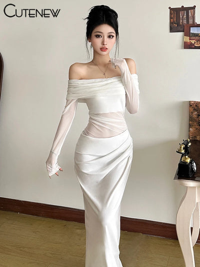 Cutenew Mesh Ruched Women Maxi Dress Sexy See Through Off Shoulder Long Sleeve Sheath Vestidos Female Midnight Party Solid Robe